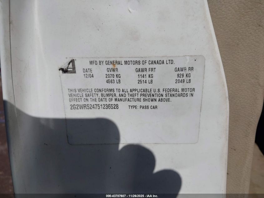 2005 Pontiac Grand Prix Gtp VIN: 2G2WR524751236528 Lot: 43787607