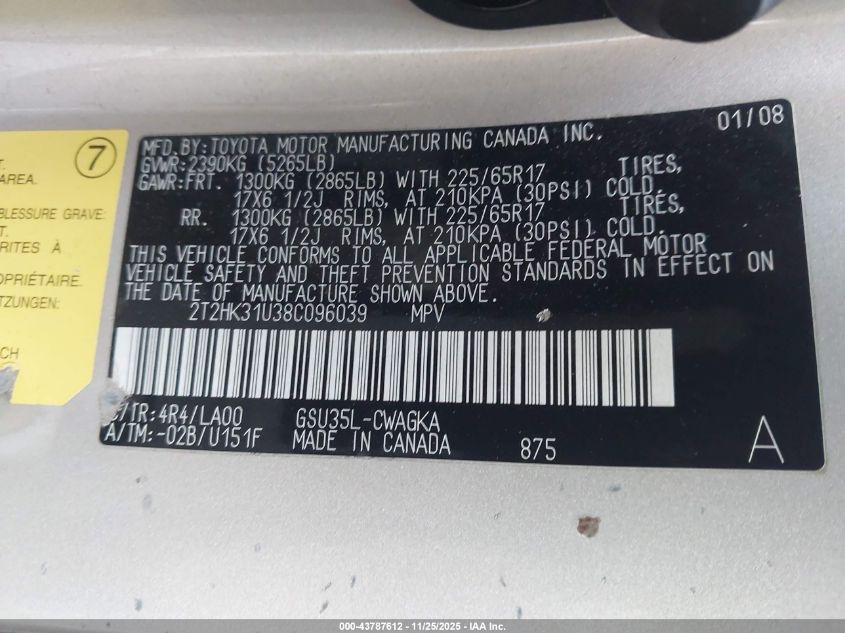 2008 Lexus Rx 350 VIN: 2T2HK31U38C096039 Lot: 43787612