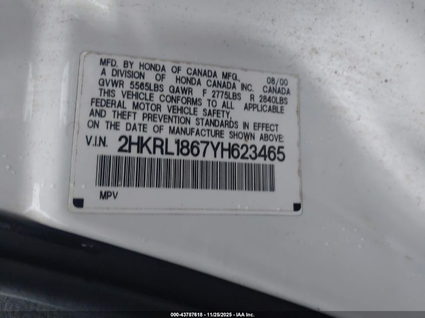 2000 Honda Odyssey Ex VIN: 2HKRL1867YH623465 Lot: 43787618