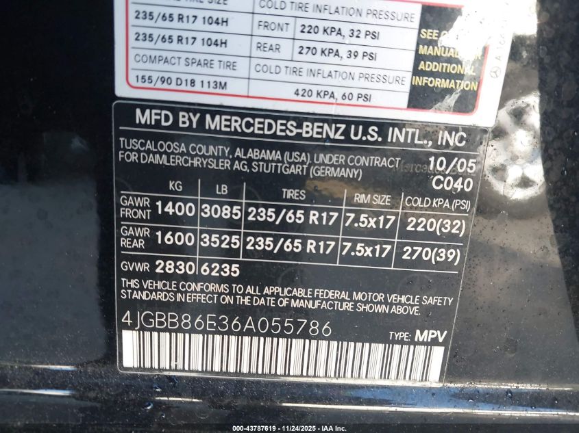 2006 Mercedes-Benz Ml 350 4Matic VIN: 4JGBB86E36A055786 Lot: 43787619