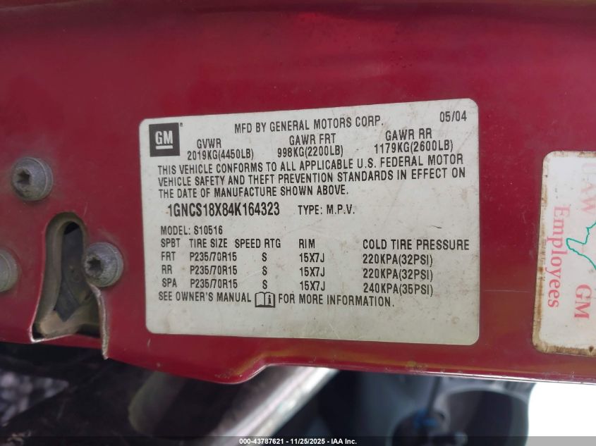 2004 Chevrolet Blazer Ls VIN: 1GNCS18X84K164323 Lot: 43787621