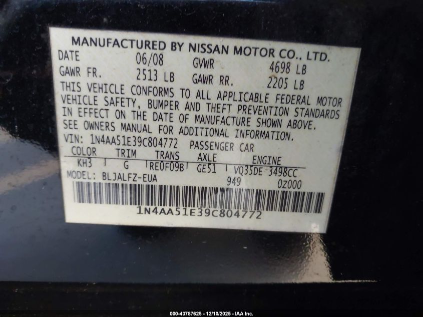 2009 Nissan Maxima 3.5 Sv VIN: 1N4AA51E39C804772 Lot: 43787625