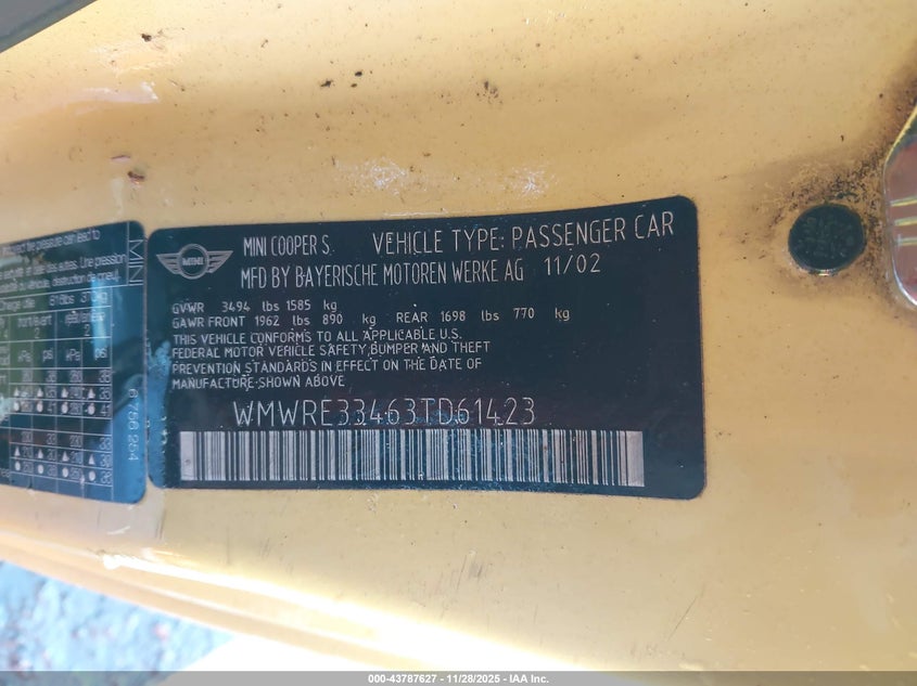 2003 Mini Cooper S VIN: WMWRE33463TD61423 Lot: 43787627