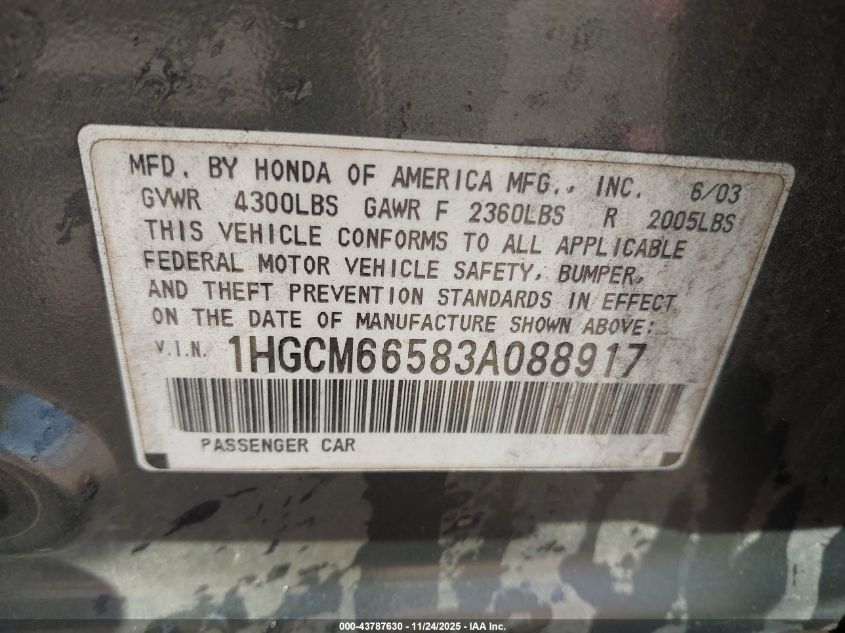 2003 Honda Accord 3.0 Ex VIN: 1HGCM66583A088917 Lot: 43787630