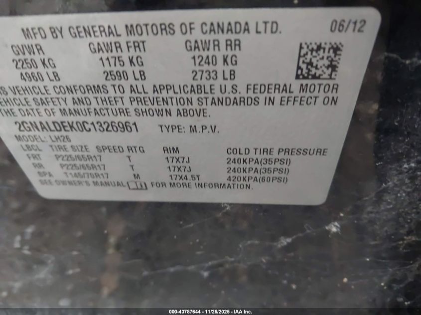 2012 Chevrolet Equinox 1Lt VIN: 2GNALDEK0C1326961 Lot: 43787644