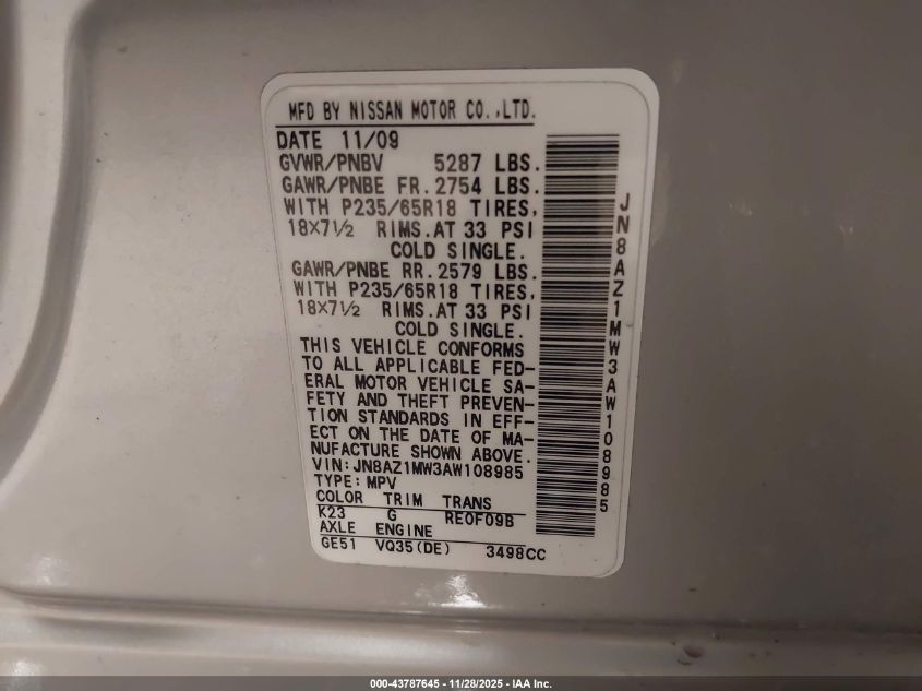 2010 Nissan Murano Sl VIN: JN8AZ1MW3AW108985 Lot: 43787645