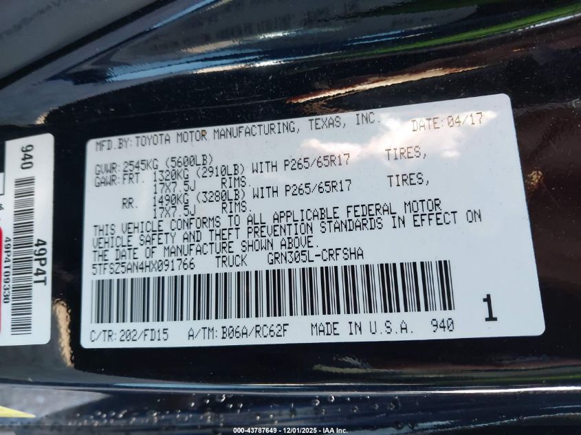 2017 Toyota Tacoma Trd Sport VIN: 5TFSZ5AN4HX091766 Lot: 43787649