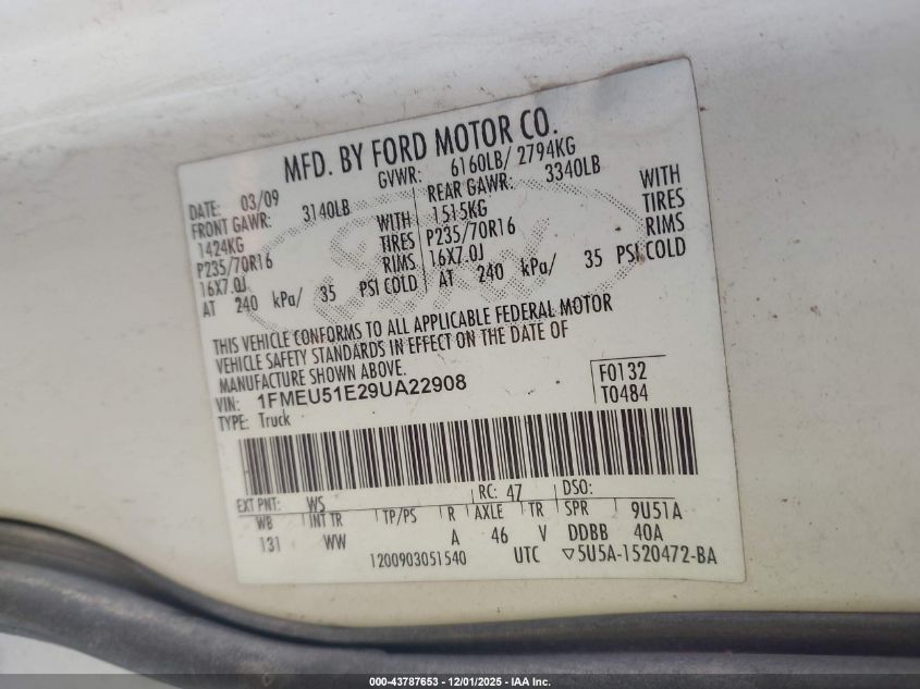 2009 Ford Explorer Sport Trac Xlt VIN: 1FMEU51E29UA22908 Lot: 43787653