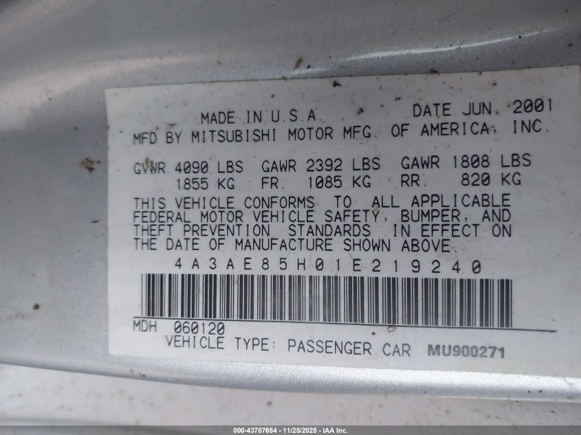 2001 Mitsubishi Eclipse Gt VIN: 4A3AE85H01E219240 Lot: 43787654