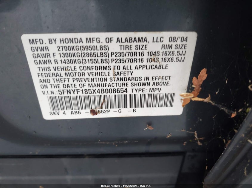 2004 Honda Pilot Ex-L VIN: 5FNYF185X4B008654 Lot: 43787659