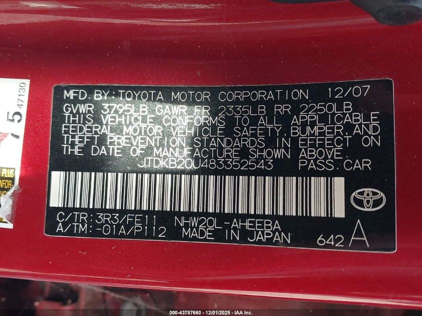 2008 Toyota Prius VIN: JTDKB20U483352543 Lot: 43787660