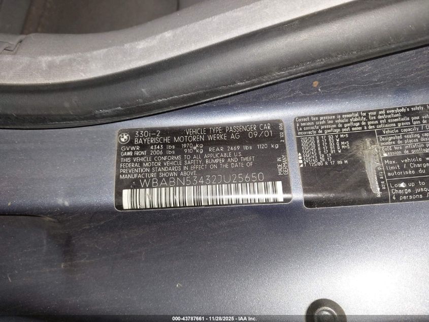 2002 BMW 330Ci VIN: WBABN53432JU25650 Lot: 43787661