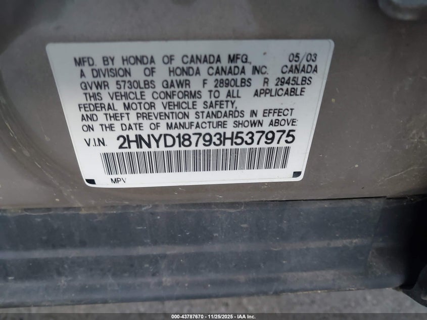 2003 Acura Mdx VIN: 2HNYD18793H537975 Lot: 43787670