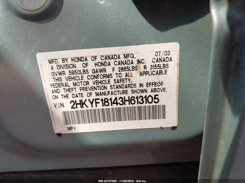 2003 Honda Pilot Lx VIN: 2HKYF18143H613105 Lot: 43787680