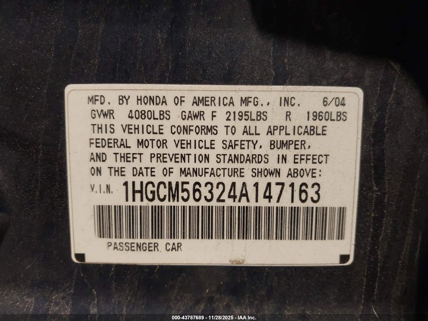 2004 Honda Accord 2.4 Lx VIN: 1HGCM56324A147163 Lot: 43787689