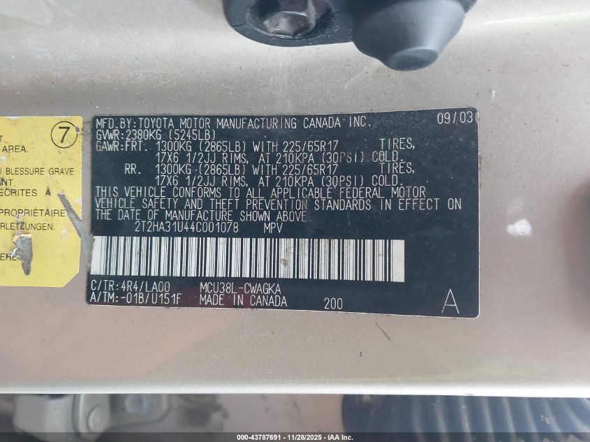 2004 Lexus Rx 330 VIN: 2T2HA31U44C001078 Lot: 43787691