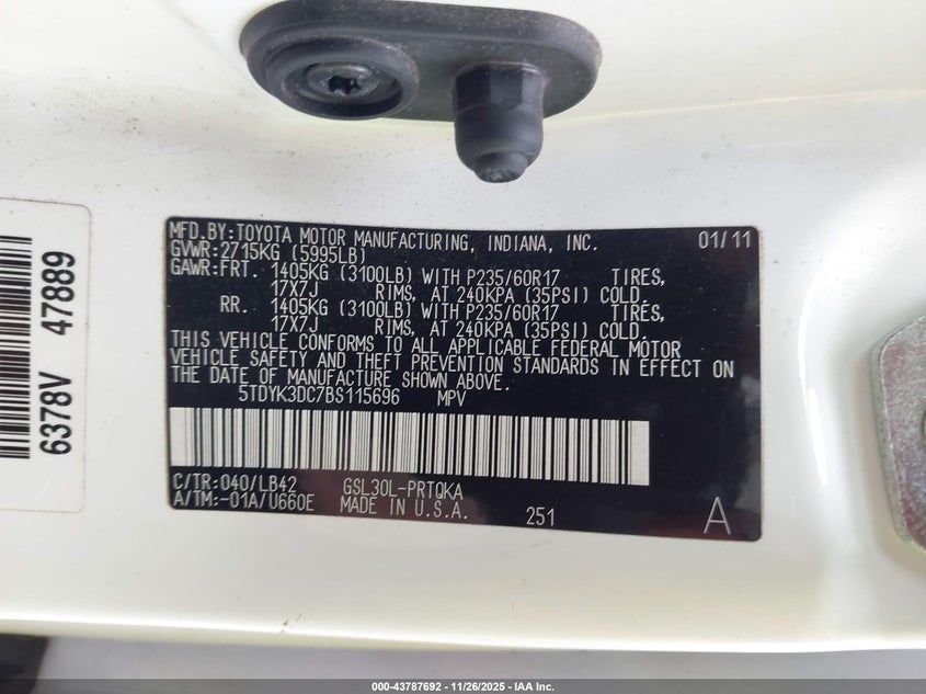 2011 Toyota Sienna Xle V6 VIN: 5TDYK3DC7BS115696 Lot: 43787692