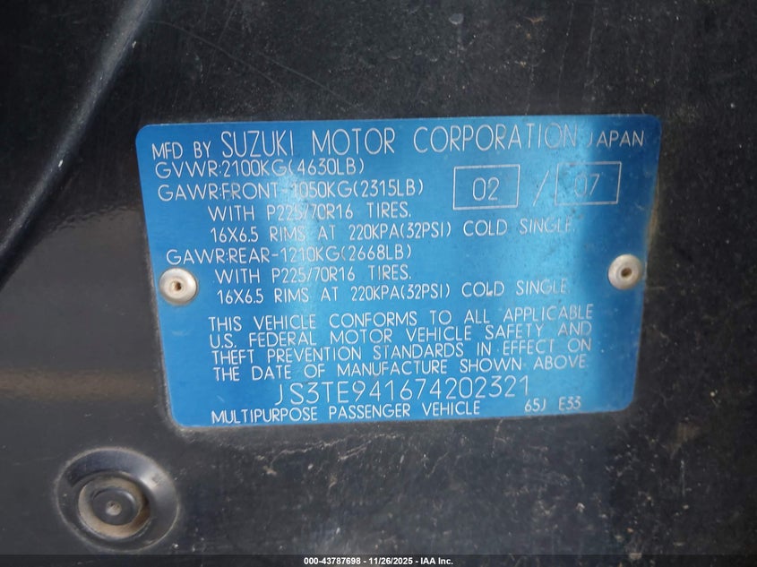 2007 Suzuki Grand Vitara VIN: JS3TE941674202321 Lot: 43787698