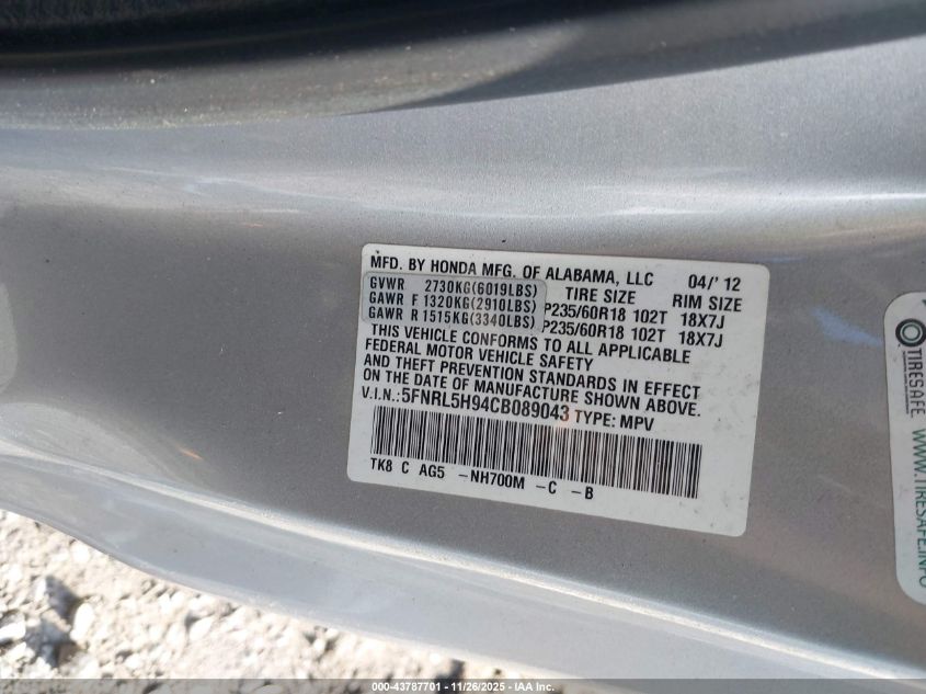 2012 Honda Odyssey Touring/Touring Elite VIN: 5FNRL5H94CB089043 Lot: 43787701