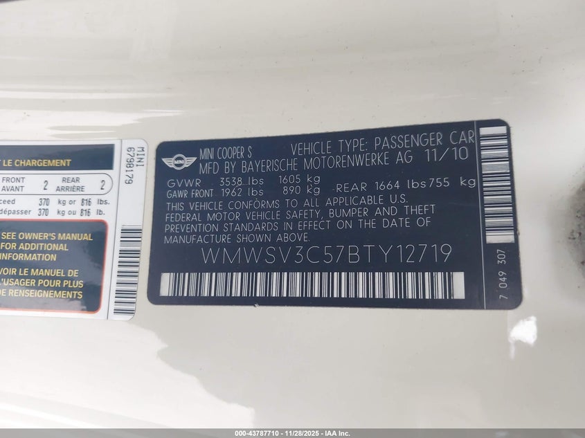 2011 Mini Cooper S VIN: WMWSV3C57BTY12719 Lot: 43787710