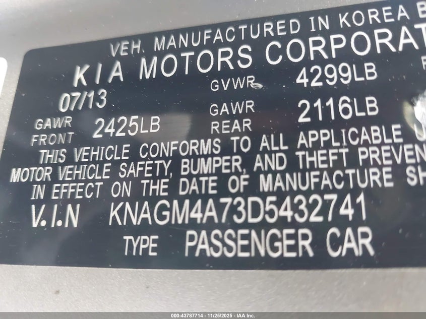 2013 Kia Optima Lx VIN: KNAGM4A73D5432741 Lot: 43787714