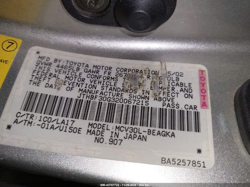 2002 Lexus Es 300 VIN: JTHBF30G320049541 Lot: 43787722