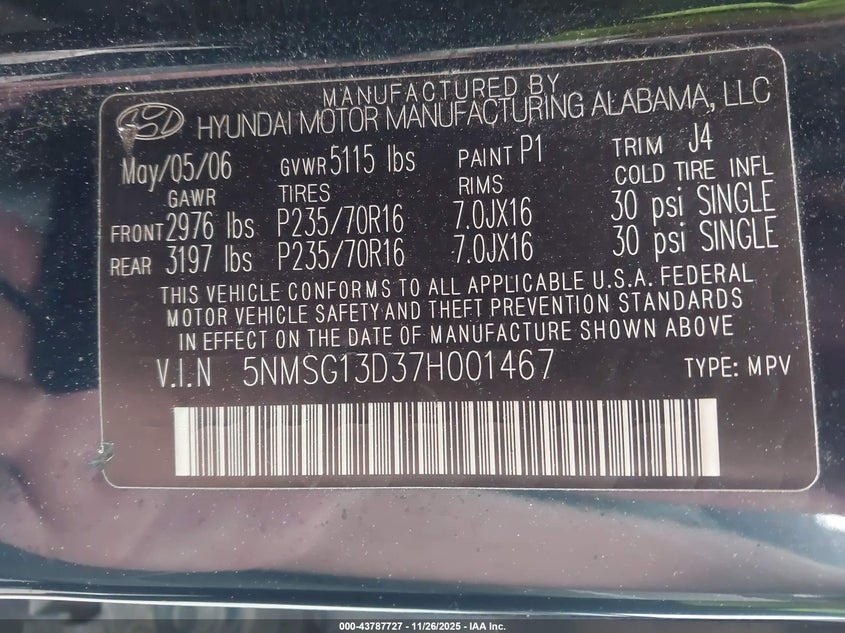 2007 Hyundai Santa Fe Gls VIN: 5NMSG13D37H001467 Lot: 43787727