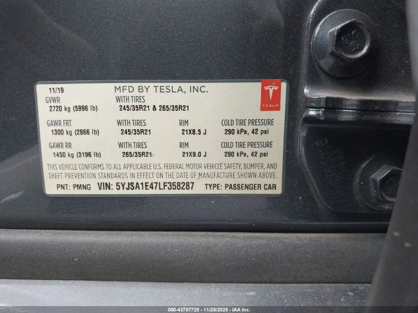 2020 Tesla Model S Performance Dual Motor All-Wheel Drive VIN: 5YJSA1E47LF358287 Lot: 43787729