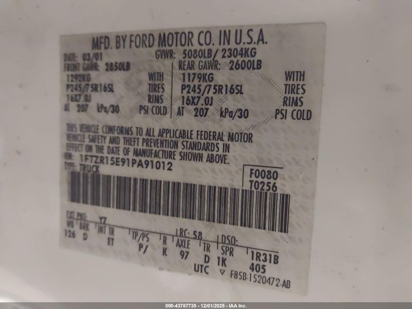 2001 Ford Ranger Edge/Xlt VIN: 1FTZR15E91PA91012 Lot: 43787735