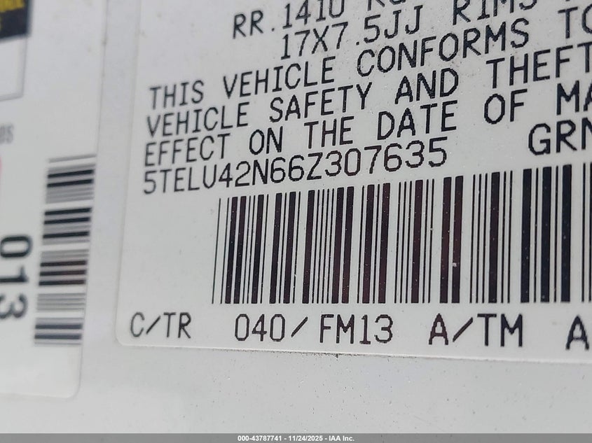 2006 Toyota Tacoma Base V6 VIN: 5TELU42N66Z307635 Lot: 43787741