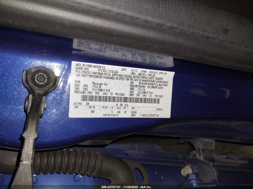 2012 Ford Focus Sel VIN: 1FAHP3M27CL421590 Lot: 43787747