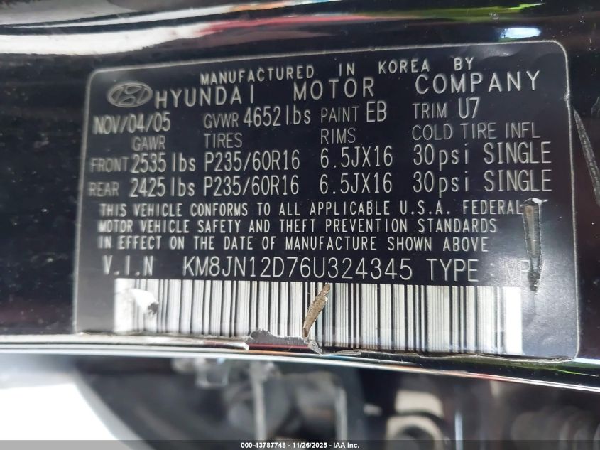 2006 Hyundai Tucson Gls/Limited VIN: KM8JN12D76U324345 Lot: 43787748