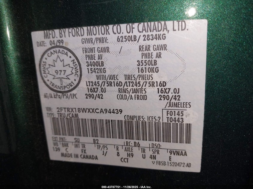 1999 Ford F-150 Lariat/Work Series/Xl/Xlt VIN: 2FTRX18WXXCA94439 Lot: 43787751