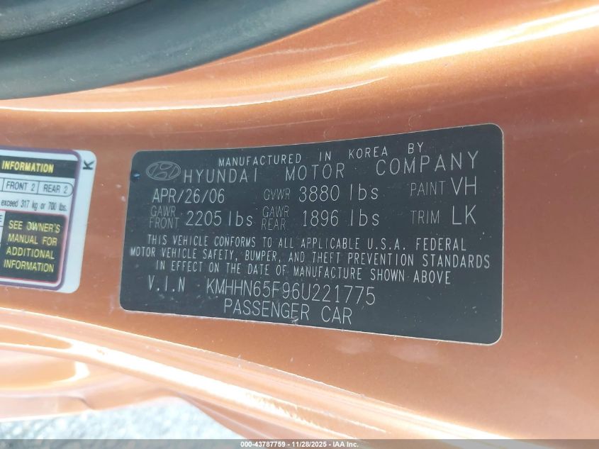 2006 Hyundai Tiburon Gt/Gt Limited/Se VIN: KMHHN65F96U221775 Lot: 43787759