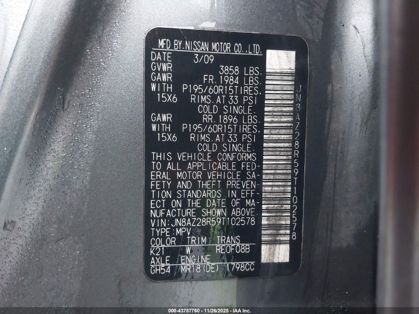 2009 Nissan Cube 1.8S VIN: JN8AZ28R59T102578 Lot: 43787760