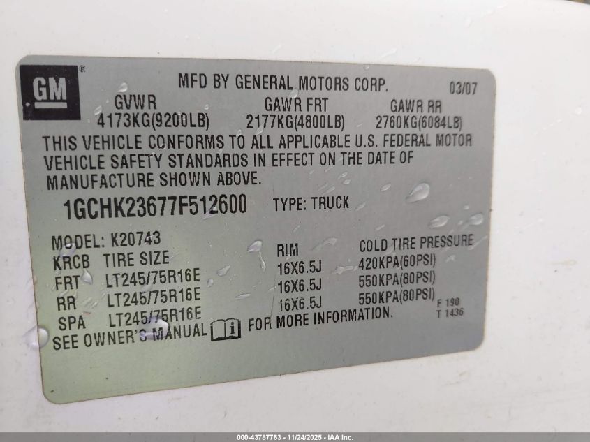 2007 Chevrolet Silverado 2500Hd Lt1 VIN: 1GCHK23677F512600 Lot: 43787763