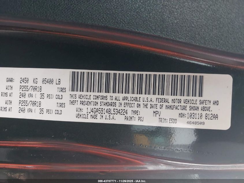 2008 Jeep Wrangler Unlimited Sahara VIN: 1J4GA59148L534224 Lot: 43787771