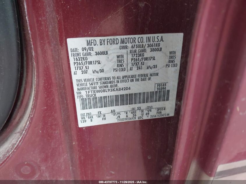 2003 Ford F-150 Lariat/Xlt VIN: 1FTRW08L93KA84204 Lot: 43787773