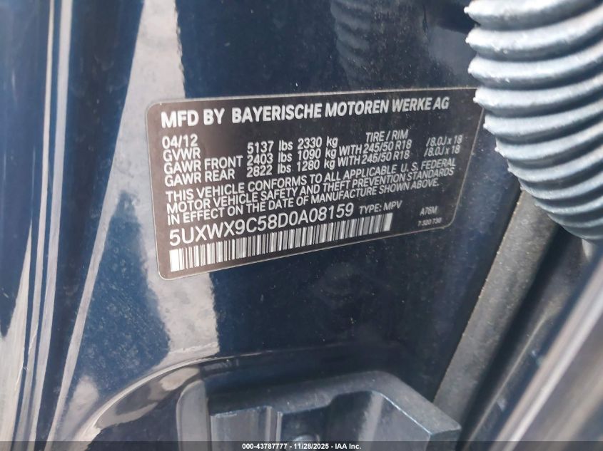 2013 BMW X3 xDrive28I VIN: 5UXWX9C58D0A08159 Lot: 43787777