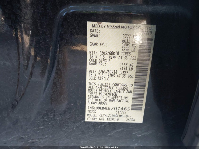 2020 Nissan Frontier Sv 4X4 VIN: 1N6ED0EB4LN707465 Lot: 43787787