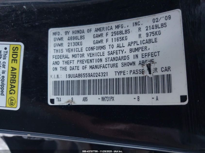 2009 Acura Tl 3.2 VIN: 19UUA865598024321 Lot: 43787799