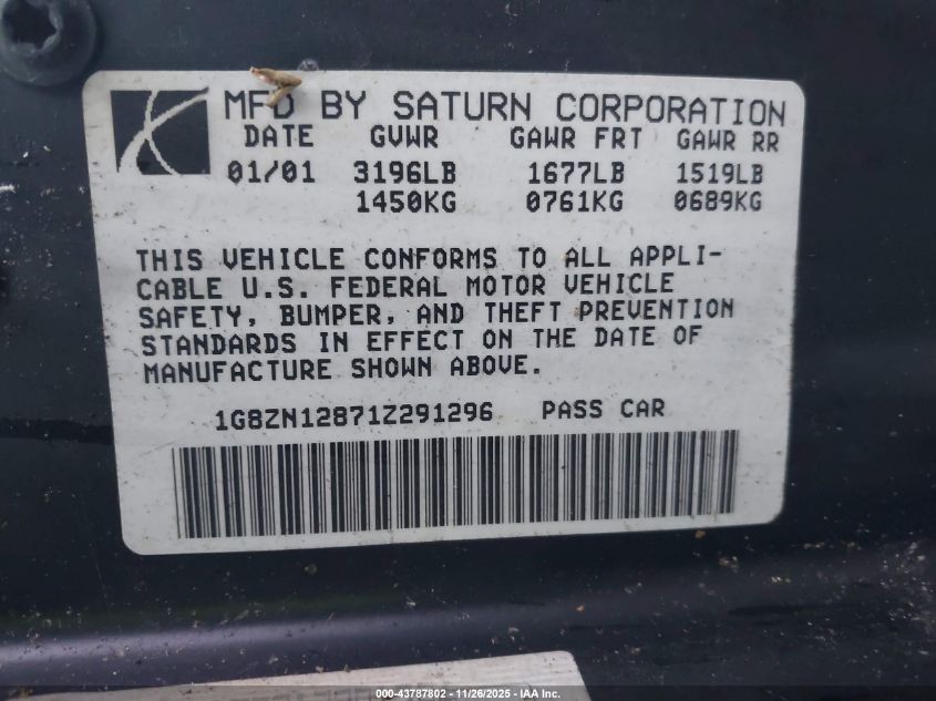 2001 Saturn Sc1 VIN: 1G8ZN12871Z291296 Lot: 43787802