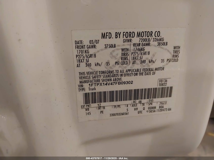 2007 Ford F-150 Fx4/Lariat/Xl/Xlt VIN: 1FTPX14V47FB09302 Lot: 43787817