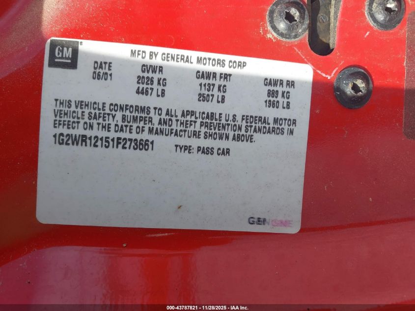 2001 Pontiac Grand Prix Gtp VIN: 1G2WR12151F273661 Lot: 43787821