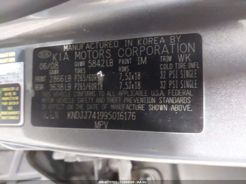 2009 Kia Borrego Ex V6 VIN: KNDJJ741995016176 Lot: 43787822
