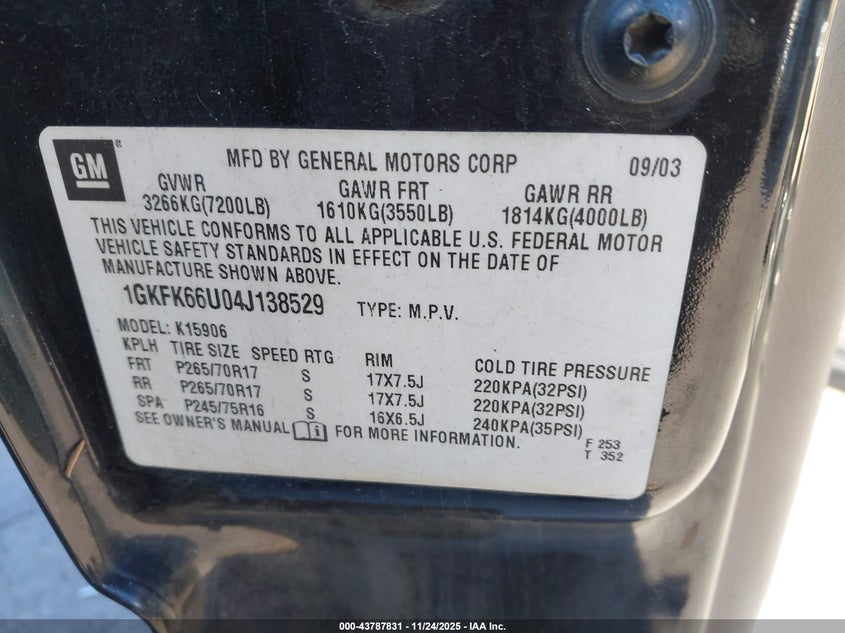 2004 GMC Yukon Xl 1500 Denali VIN: 1GKFK66U04J138529 Lot: 43787831