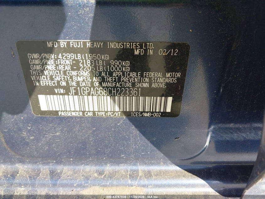 2012 Subaru Impreza 2.0I Limited VIN: JF1GPAG68CH223361 Lot: 43787836