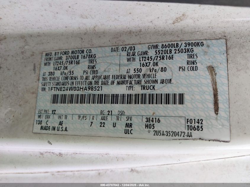 2003 Ford E-250 Commercial/Recreational VIN: 1FTNE24W03HA98521 Lot: 43787842