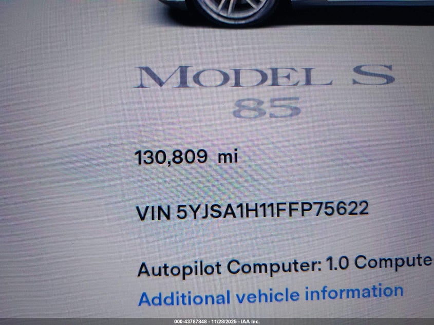 2015 Tesla Model S 60/70/85 VIN: 5YJSA1H11FFP75622 Lot: 43787848