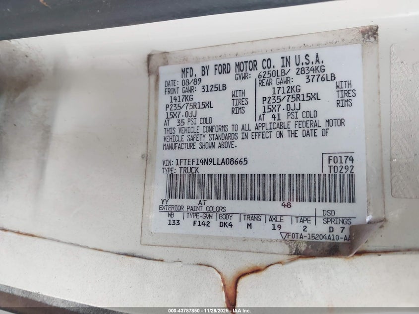 1990 Ford F150 VIN: 1FTEF14N9LLA08665 Lot: 43787850